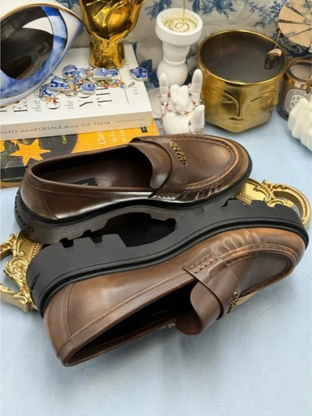 🆕 MARC JACOBS 🧿 NWOB The Distressed Leather Frankie Loafer, Brown - Sz 39 / 9 - Picture 12 of 14